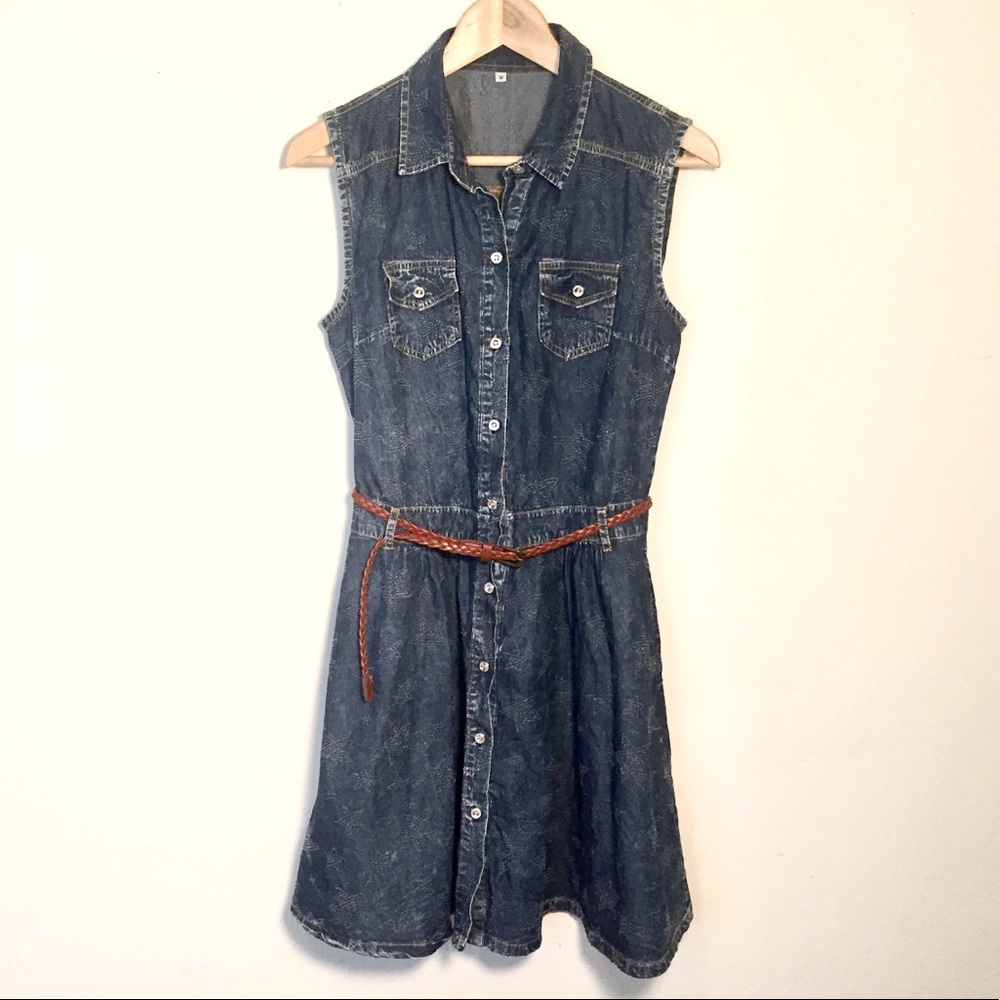 Denim Dress Sleeveless with Stars and Belt